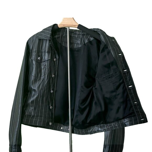 Chrome Hearts Black Leather Jean Jacket w/ White Pinstripe (Vintage) - Picture 4 of 14